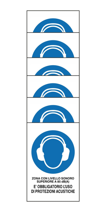 KIT DI 6 ADESIVI RETTANGOLARI - ZONA CON LIVELLO SONORO SUPERIORE A 85 Dba - Pittogramma ISO 7010 Con Stampa Diretta U.V. (IDEALE ANCHE PER ESTERNO)