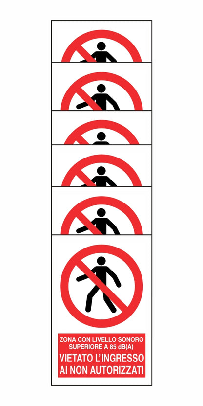 KIT DI 6 ADESIVI RETTANGOLARI - ZONA CON LIVELLO SONORO SUPERIORE A 85dBA - Pittogramma ISO 7010 Con Stampa Diretta U.V. (IDEALE ANCHE PER ESTERNO)