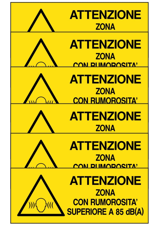 KIT DI 6 ADESIVI UNI - ZONA CON RUMOROSITA' SUPERIORE A 85 dBA - Pittogramma ISO 7010 Con Stampa Diretta U.V. (IDEALE ANCHE PER ESTERNO)