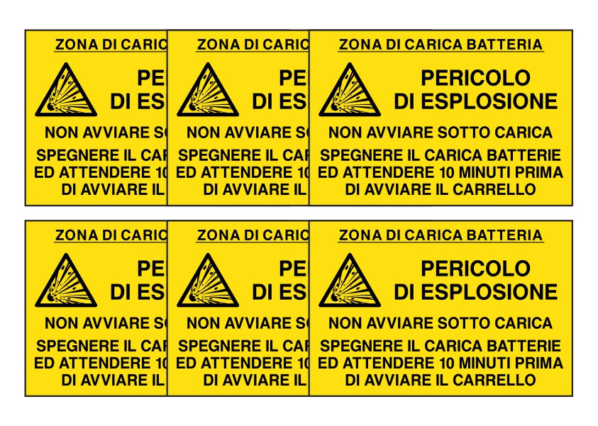 KIT DI 6 ADESIVI RETTANGOLARI - ZONA RICARICA BATTERIE PERICOLO DI ESPLOSIONE - Pittogramma ISO 7010 Con Stampa Diretta U.V. (IDEALE ANCHE PER ESTERNO)
