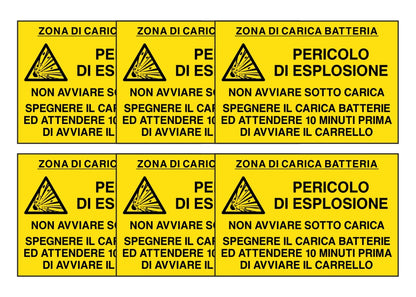 KIT DI 6 ADESIVI RETTANGOLARI - ZONA RICARICA BATTERIE PERICOLO DI ESPLOSIONE - Pittogramma ISO 7010 Con Stampa Diretta U.V. (IDEALE ANCHE PER ESTERNO)