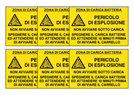 KIT DI 6 ADESIVI RETTANGOLARI - ZONA RICARICA BATTERIE PERICOLO DI ESPLOSIONE - Pittogramma ISO 7010 Con Stampa Diretta U.V. (IDEALE ANCHE PER ESTERNO)