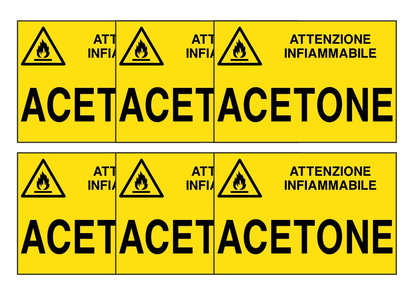 KIT DI 6 ADESIVI RETTANGOLARI - ACETONE - Pittogramma ISO 7010 Con Stampa Diretta U.V. (IDEALE ANCHE PER ESTERNO)
