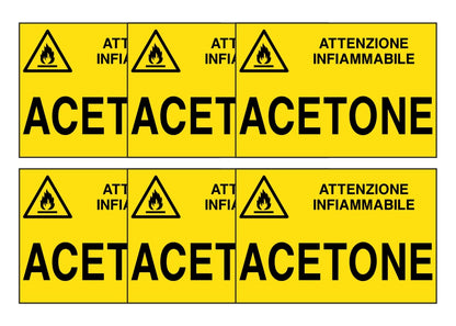 KIT DI 6 ADESIVI RETTANGOLARI - ACETONE - Pittogramma ISO 7010 Con Stampa Diretta U.V. (IDEALE ANCHE PER ESTERNO)