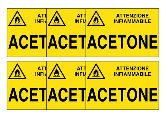 KIT DI 6 ADESIVI RETTANGOLARI - ACETONE - Pittogramma ISO 7010 Con Stampa Diretta U.V. (IDEALE ANCHE PER ESTERNO)