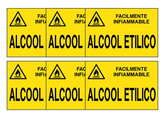 KIT DI 6 ADESIVI RETTANGOLARI - alcool etilico - Pittogramma ISO 7010 Con Stampa Diretta U.V. (IDEALE ANCHE PER ESTERNO)