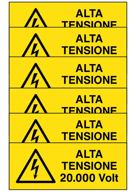 GLOBAL KIT DI 6 ADESIVI UNI - alta tensione 20000 volt - Pittogramma ISO 7010 Con Stampa Diretta U.V. (IDEALE ANCHE PER ESTERNO)