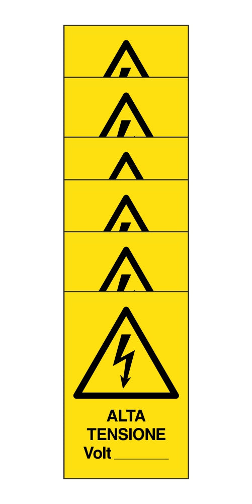 KIT DI 6 ADESIVI RETTANGOLARI - alta tensione volt - Pittogramma ISO 7010 Con Stampa Diretta U.V. (IDEALE ANCHE PER ESTERNO)