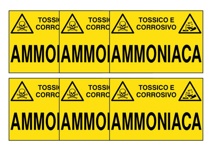 KIT DI 6 ADESIVI RETTANGOLARI - AMMONIACA - Pittogramma ISO 7010 Con Stampa Diretta U.V. (IDEALE ANCHE PER ESTERNO)