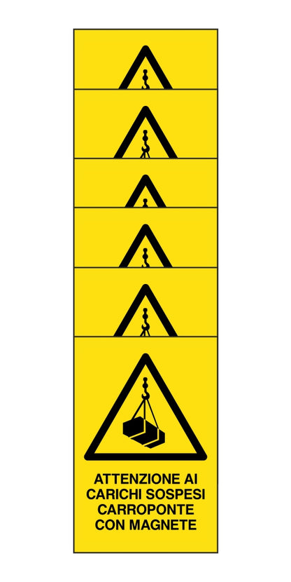 KIT DI 6 ADESIVI RETTANGOLARI - attenzione ai carichi sospesi carroponte con magnete - Pittogramma ISO 7010 Con Stampa Diretta U.V. (IDEALE ANCHE PER ESTERNO)