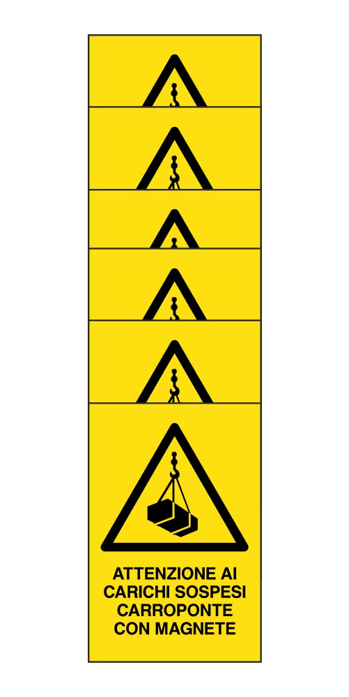 KIT DI 6 ADESIVI RETTANGOLARI - attenzione ai carichi sospesi carroponte con magnete - Pittogramma ISO 7010 Con Stampa Diretta U.V. (IDEALE ANCHE PER ESTERNO)