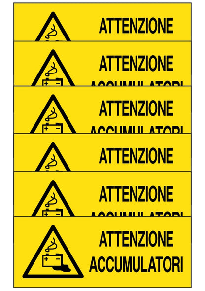 KIT DI 6 ADESIVI UNI - attenzione accumulatori - Pittogramma ISO 7010 Con Stampa Diretta U.V. (IDEALE ANCHE PER ESTERNO)