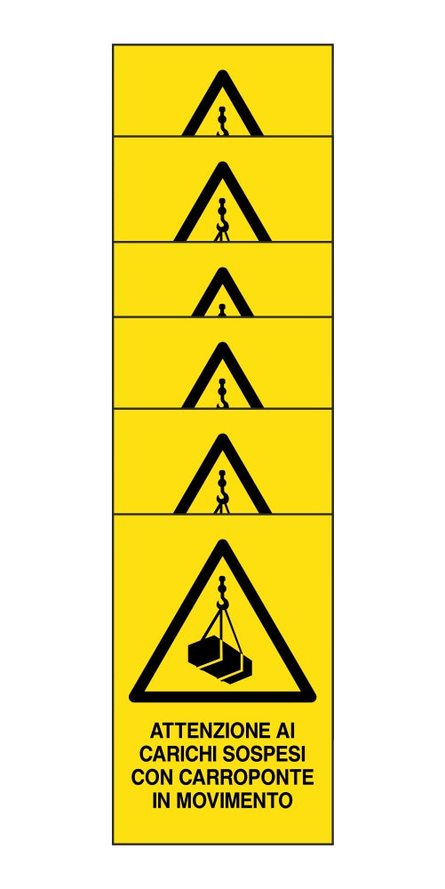 KIT DI 6 ADESIVI RETTANGOLARI - attenzione ai carichi sospesi con carroponte in movimento - Pittogramma ISO 7010 Con Stampa Diretta U.V. (IDEALE ANCHE PER ESTERNO)