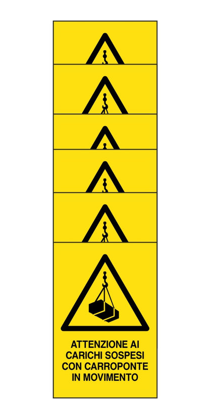 KIT DI 6 ADESIVI RETTANGOLARI - attenzione ai carichi sospesi con carroponte in movimento - Pittogramma ISO 7010 Con Stampa Diretta U.V. (IDEALE ANCHE PER ESTERNO)