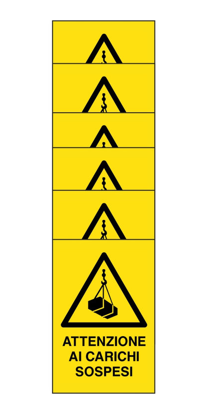 KIT DI 6 ADESIVI RETTANGOLARI - attenzione ai carichi sospesi - Pittogramma ISO 7010 Con Stampa Diretta U.V. (IDEALE ANCHE PER ESTERNO)