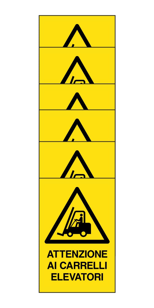 KIT DI 6 ADESIVI RETTANGOLARI - attenzione ai carrelli elevatori - Pittogramma ISO 7010 Con Stampa Diretta U.V. (IDEALE ANCHE PER ESTERNO)