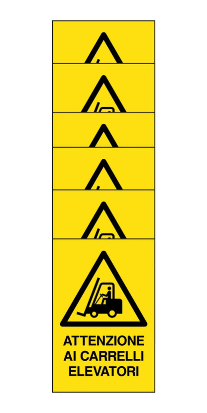 KIT DI 6 ADESIVI RETTANGOLARI - attenzione ai carrelli elevatori - Pittogramma ISO 7010 Con Stampa Diretta U.V. (IDEALE ANCHE PER ESTERNO)