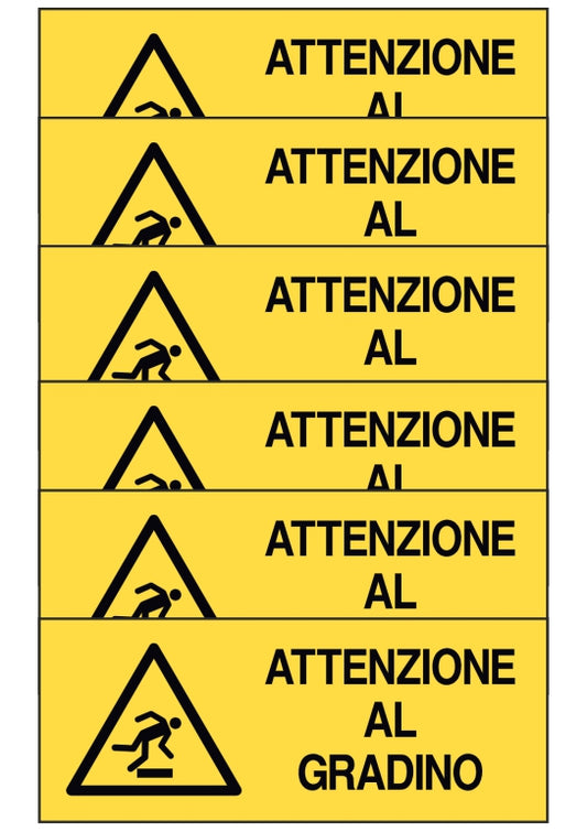 KIT DI 6 ADESIVI UNI - attenzione al gradino - Pittogramma ISO 7010 Con Stampa Diretta U.V. (IDEALE ANCHE PER ESTERNO)
