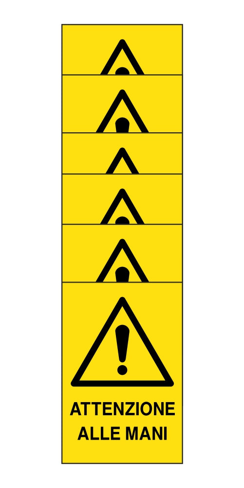 KIT DI 6 ADESIVI RETTANGOLARI - attenzione alle mani - Pittogramma ISO 7010 Con Stampa Diretta U.V. (IDEALE ANCHE PER ESTERNO)