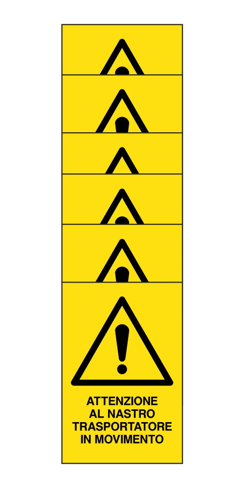 KIT DI 6 ADESIVI RETTANGOLARI - attenzione al nastro trasportatore in movimento - Pittogramma ISO 7010 Con Stampa Diretta U.V. (IDEALE ANCHE PER ESTERNO)