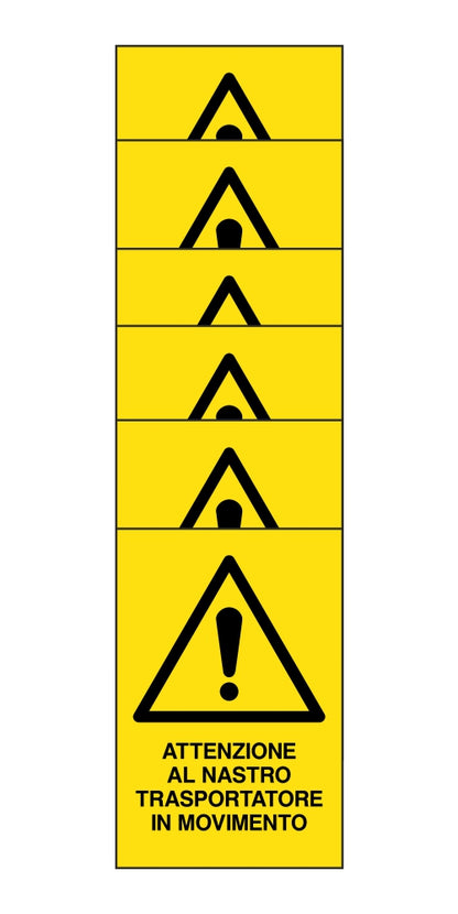 KIT DI 6 ADESIVI RETTANGOLARI - attenzione al nastro trasportatore in movimento - Pittogramma ISO 7010 Con Stampa Diretta U.V. (IDEALE ANCHE PER ESTERNO)