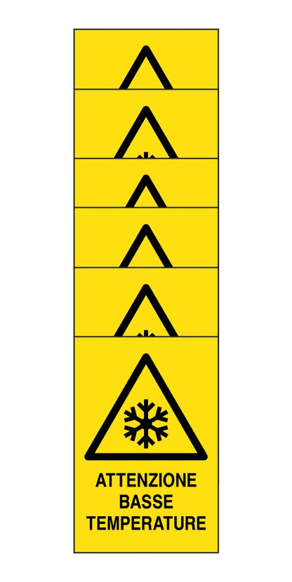 KIT DI 6 ADESIVI RETTANGOLARI - attenzione basse temperature - Pittogramma ISO 7010 Con Stampa Diretta U.V. (IDEALE ANCHE PER ESTERNO)