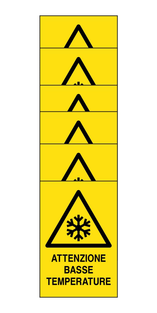 KIT DI 6 ADESIVI RETTANGOLARI - attenzione basse temperature - Pittogramma ISO 7010 Con Stampa Diretta U.V. (IDEALE ANCHE PER ESTERNO)