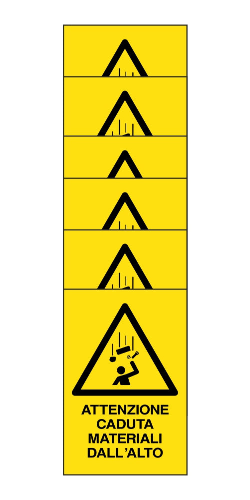 KIT DI 6 ADESIVI RETTANGOLARI - attenzione caduta materiali dall'alto - Pittogramma ISO 7010 Con Stampa Diretta U.V. (IDEALE ANCHE PER ESTERNO)