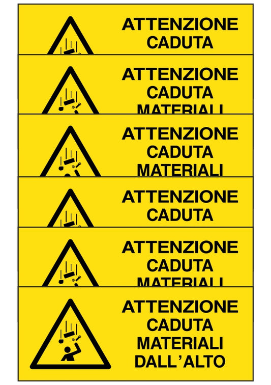 GLOBAL KIT DI 6 ADESIVI UNI - attenzione caduta materiali dall'alto - Pittogramma ISO 7010 Con Stampa Diretta U.V. (IDEALE ANCHE PER ESTERNO)