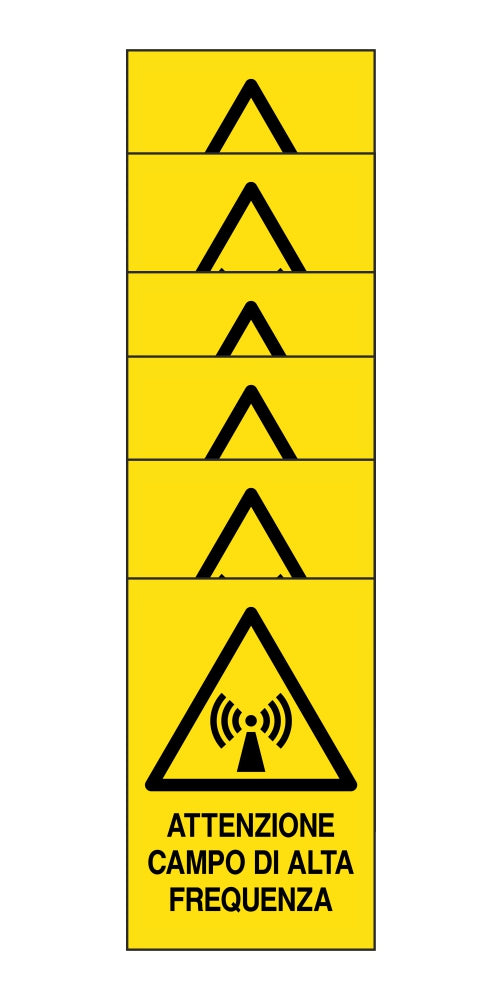 KIT DI 6 ADESIVI RETTANGOLARI - attenzione campo di alta frequenza - Pittogramma ISO 7010 Con Stampa Diretta U.V. (IDEALE ANCHE PER ESTERNO)