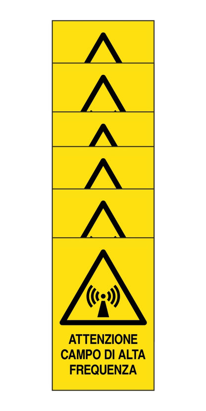KIT DI 6 ADESIVI RETTANGOLARI - attenzione campo di alta frequenza - Pittogramma ISO 7010 Con Stampa Diretta U.V. (IDEALE ANCHE PER ESTERNO)