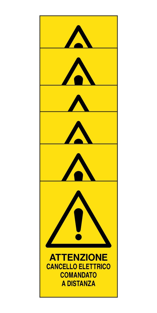 KIT DI 6 ADESIVI RETTANGOLARI - attenzione cancello elettrico comandato a distanza - Pittogramma ISO 7010 Con Stampa Diretta U.V. (IDEALE ANCHE PER ESTERNO)