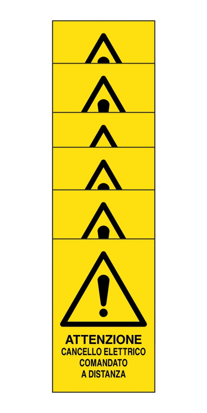 KIT DI 6 ADESIVI RETTANGOLARI - attenzione cancello elettrico comandato a distanza - Pittogramma ISO 7010 Con Stampa Diretta U.V. (IDEALE ANCHE PER ESTERNO)