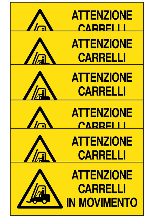 KIT DI 6 ADESIVI UNI - attenzione carrelli in movimento - Pittogramma ISO 7010 Con Stampa Diretta U.V. (IDEALE ANCHE PER ESTERNO)