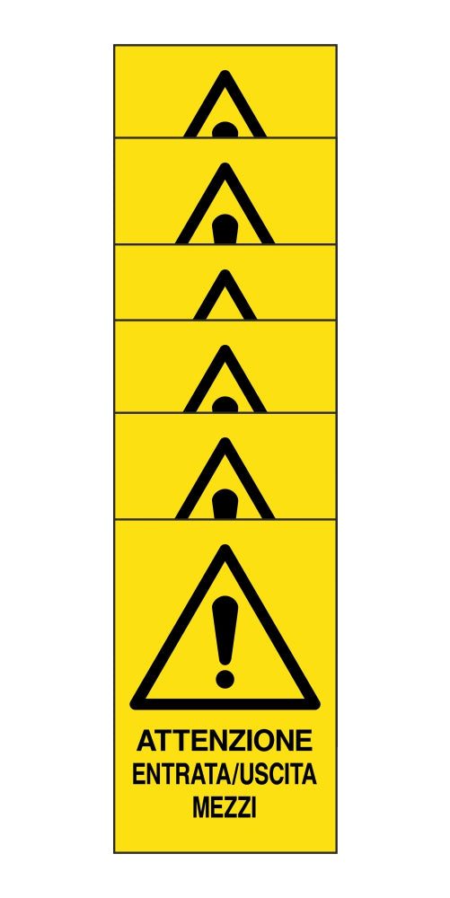 KIT DI 6 ADESIVI RETTANGOLARI - attenzione entrata uscita mezzi - Pittogramma ISO 7010 Con Stampa Diretta U.V. (IDEALE ANCHE PER ESTERNO)