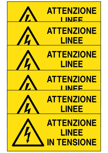 KIT DI 6 ADESIVI UNI - attenzione linee in tensione - Pittogramma ISO 7010 Con Stampa Diretta U.V. (IDEALE ANCHE PER ESTERNO)