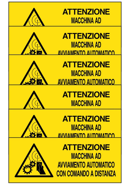 KIT DI 6 ADESIVI UNI - attenzione macchina ad avviamento automatico - Pittogramma ISO 7010 Con Stampa Diretta U.V. (IDEALE ANCHE PER ESTERNO)