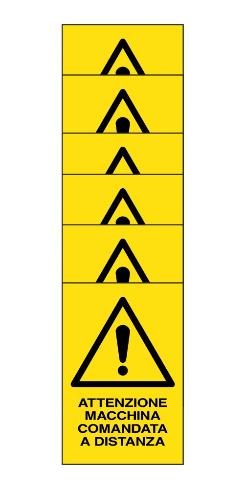 KIT DI 6 ADESIVI RETTANGOLARI - attenzione macchina comandata a distanza - Pittogramma ISO 7010 Con Stampa Diretta U.V. (IDEALE ANCHE PER ESTERNO)