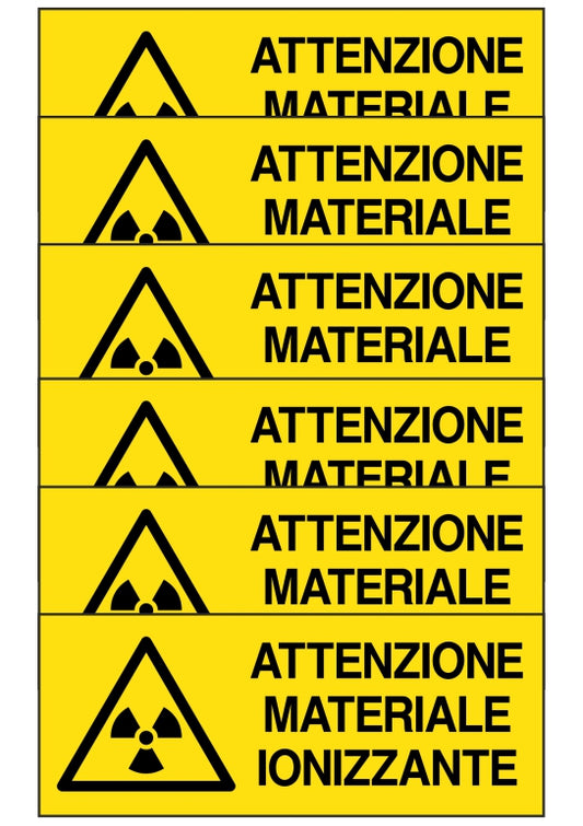 KIT DI 6 ADESIVI UNI - attenzione materiale ionizzante - Pittogramma ISO 7010 Con Stampa Diretta U.V. (IDEALE ANCHE PER ESTERNO)