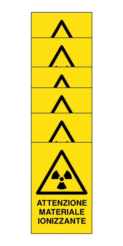 KIT DI 6 ADESIVI RETTANGOLARI - attenzione materiale ionizzante - Pittogramma ISO 7010 Con Stampa Diretta U.V. (IDEALE ANCHE PER ESTERNO)