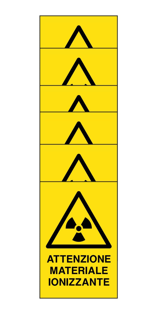 KIT DI 6 ADESIVI RETTANGOLARI - attenzione materiale ionizzante - Pittogramma ISO 7010 Con Stampa Diretta U.V. (IDEALE ANCHE PER ESTERNO)