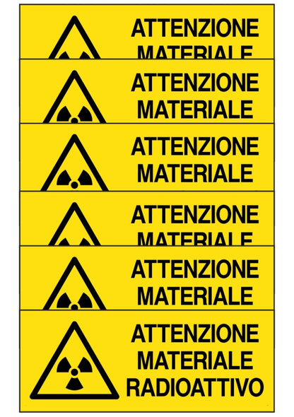 KIT DI 6 ADESIVI UNI - attenzione materiale radioattivo - Pittogramma ISO 7010 Con Stampa Diretta U.V. (IDEALE ANCHE PER ESTERNO)