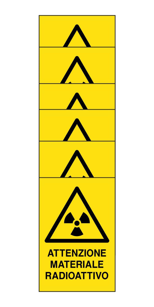 KIT DI 6 ADESIVI RETTANGOLARI - attenzione materiale radioattivo  - Pittogramma ISO 7010 Con Stampa Diretta U.V. (IDEALE ANCHE PER ESTERNO)