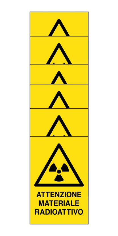 KIT DI 6 ADESIVI RETTANGOLARI - attenzione materiale radioattivo  - Pittogramma ISO 7010 Con Stampa Diretta U.V. (IDEALE ANCHE PER ESTERNO)