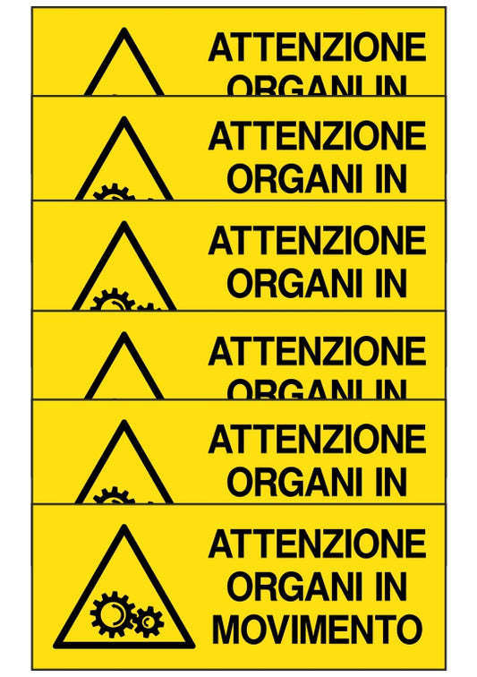 GLOBAL KIT DI 6 ADESIVI UNI - attenzione organi in movimento - Pittogramma ISO 7010 Con Stampa Diretta U.V. (IDEALE ANCHE PER ESTERNO)