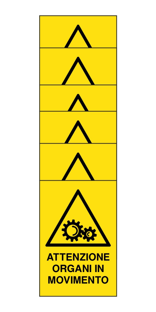 KIT DI 6 ADESIVI RETTANGOLARI - attenzione organi in movimento - Pittogramma ISO 7010 Con Stampa Diretta U.V. (IDEALE ANCHE PER ESTERNO)