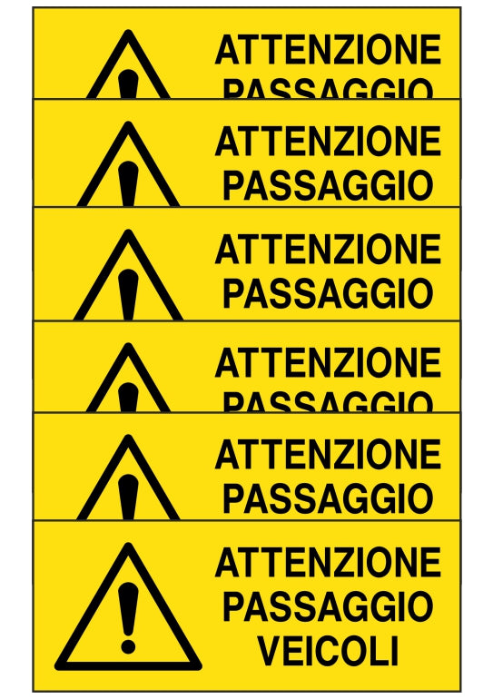 GLOBAL KIT DI 6 ADESIVI UNI - attenzione passaggio veicoli - Pittogramma ISO 7010 Con Stampa Diretta U.V. (IDEALE ANCHE PER ESTERNO)
