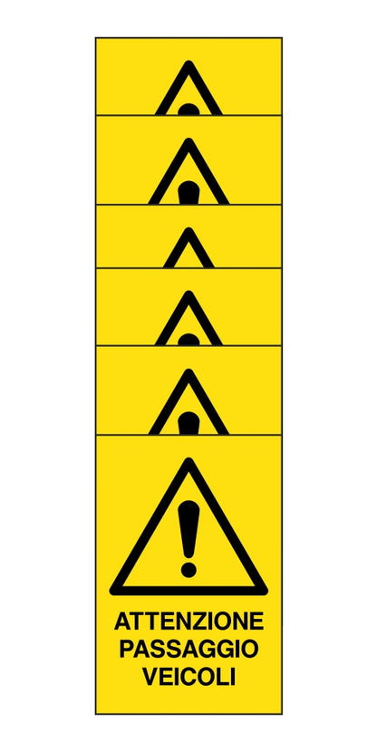 KIT DI 6 ADESIVI RETTANGOLARI - attenzione passaggio veicoli - Pittogramma ISO 7010 Con Stampa Diretta U.V. (IDEALE ANCHE PER ESTERNO)