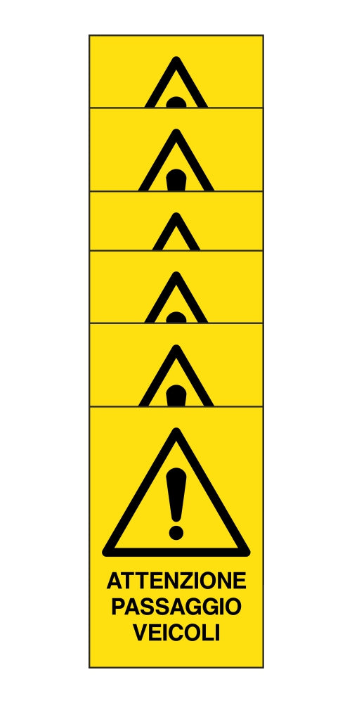 KIT DI 6 ADESIVI RETTANGOLARI - attenzione passaggio veicoli - Pittogramma ISO 7010 Con Stampa Diretta U.V. (IDEALE ANCHE PER ESTERNO)