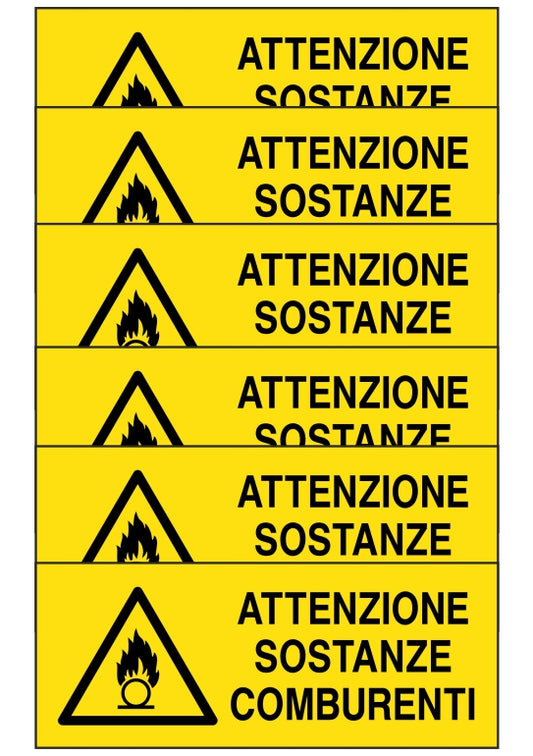 GLOBAL KIT DI 6 ADESIVI UNI - attenzione sostanze comburenti- Pittogramma ISO 7010 Con Stampa Diretta U.V. (IDEALE ANCHE PER ESTERNO)